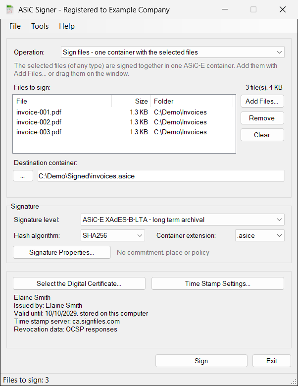 ASiC Signer main window: three files to sign in an ASiC-E container with XAdES-B-LTA signature level, SHA256 hash algorithm, a certificate and a time stamp server