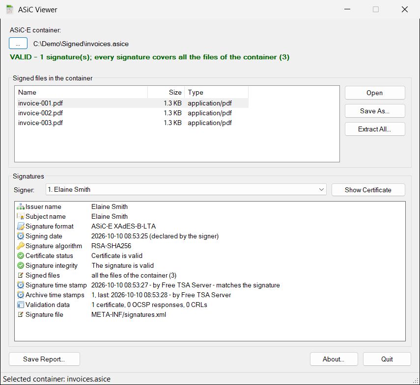 ASiC Viewer showing a valid ASiC-E container with an XAdES-B-LTA signature, a time stamp and an archive time stamp