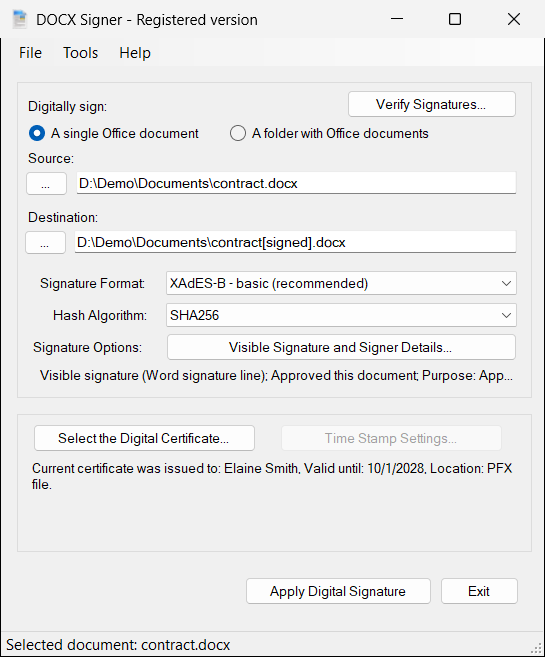 DOCX Signer main window: a Word document, the XAdES-B signature format, SHA256, a visible signature and a certificate selected