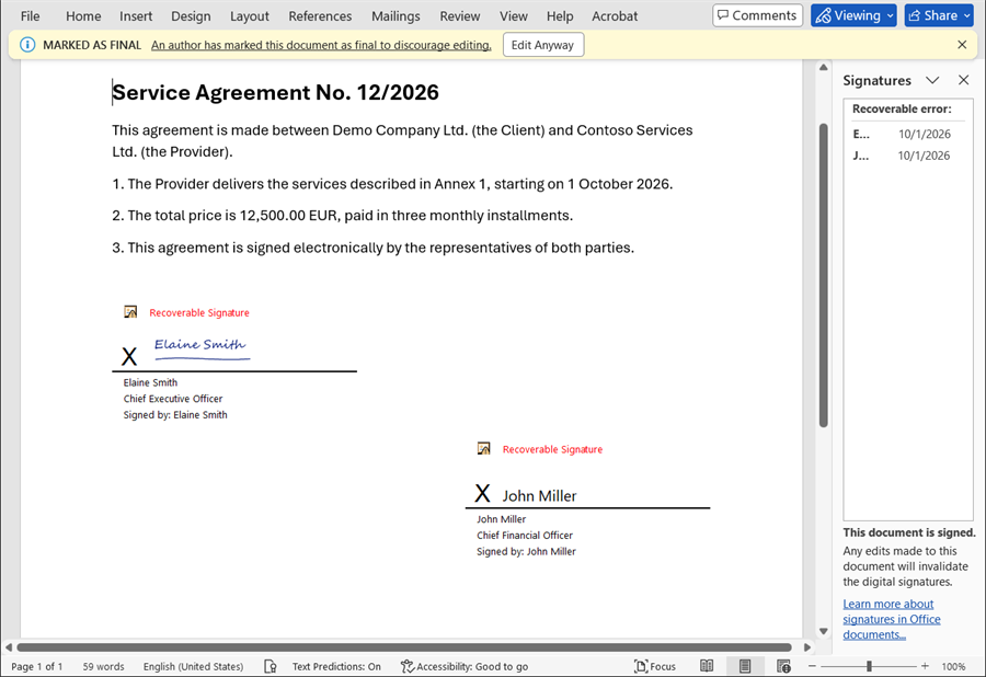 A Word contract signed with DOCX Signer by two signers: signature lines with a handwritten signature and the Signatures pane