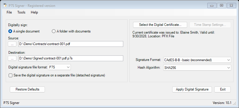 P7S Signer main window: CAdES-B-B signature format, P7S file format, SHA256 hash algorithm and a certificate selected