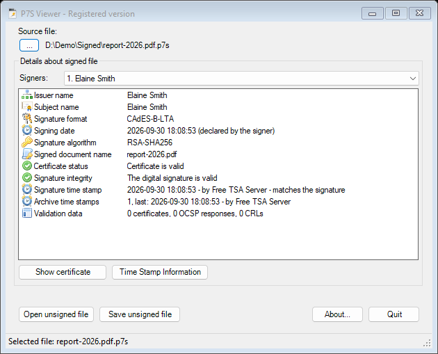 P7S P7M Viewer showing a CAdES-B-LTA signature with the time stamp, the archive time stamp and the validation data