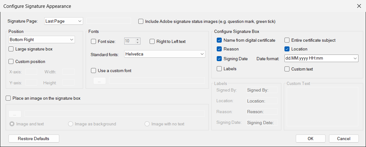 The signature appearance window of PDF Signer: page, position, fonts, signature box and image