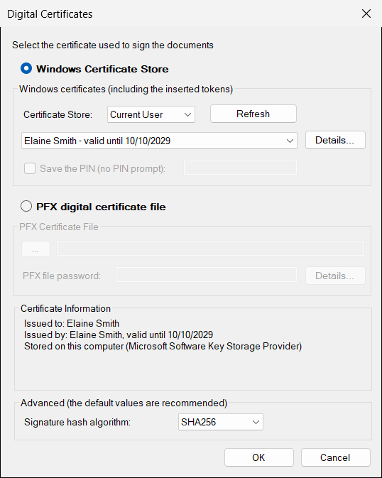 PDF Signer certificate selection window listing the certificates available in Windows, including the DSC on a USB token