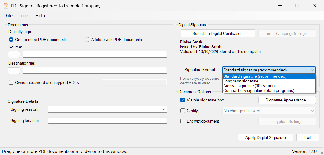 The list of the signature formats of PDF Signer: Standard signature, Long-term signature, Archive signature and Compatibility signature