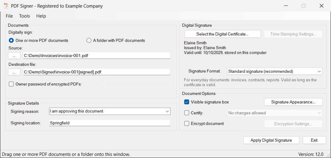 PDF Signer main window: the Standard signature format and a certificate selected, ready to sign