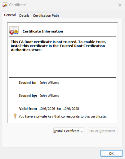 The certificate generated by Digital Certificate Generator, shown in the Windows certificate viewer