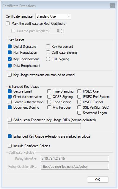Certificate Extensions window: certificate templates, key usage, enhanced key usage and certificate policies