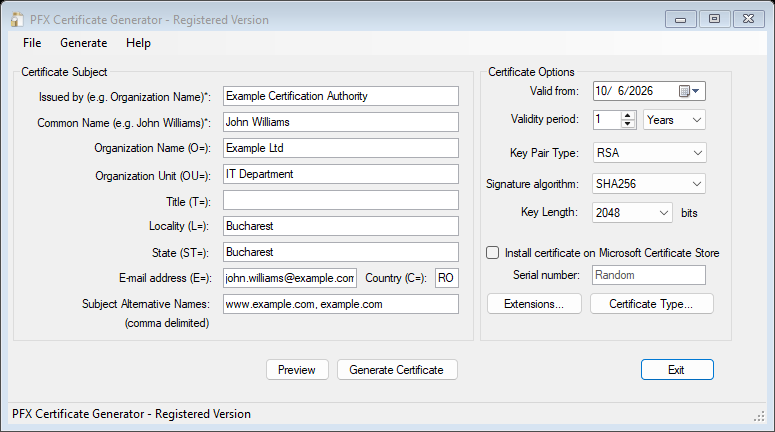 PFX Certificate Generator main window: certificate subject, RSA key pair, SHA256 signature algorithm, validity period and extensions