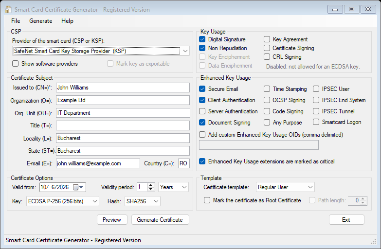 Smart Card Certificate Generator: smart card KSP provider, ECDSA P-256 key, SHA256 hash and the certificate templates