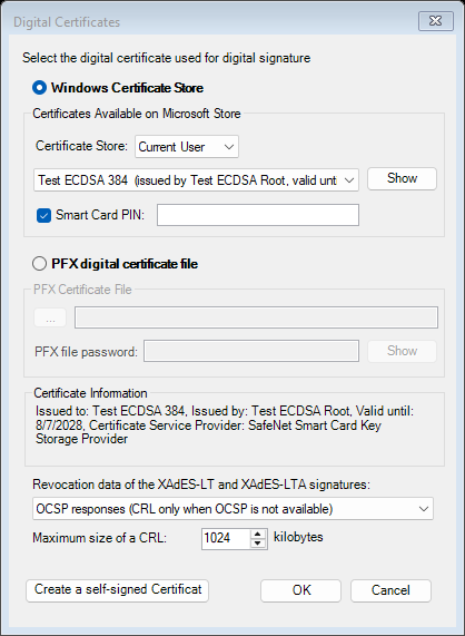 Selecting a smart card certificate in XML Signer; the certificate information shows the key storage provider