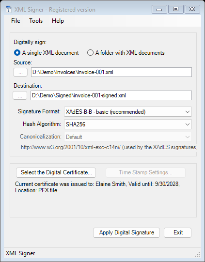 XML Signer main window: XAdES-B-B signature format, SHA256 hash algorithm and a certificate selected