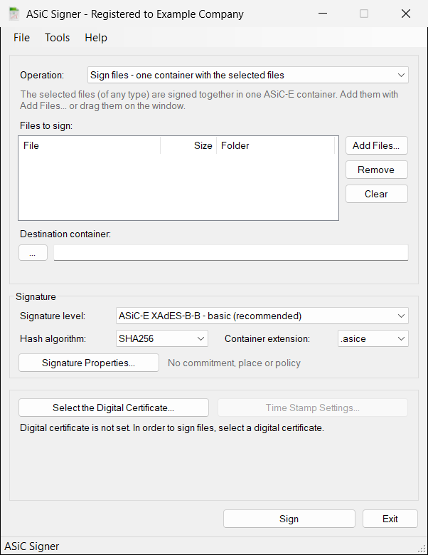 ASiC Signer main window at first start