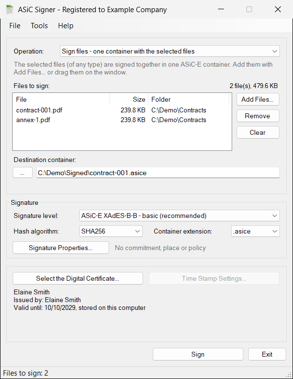 ASiC Signer with the files, the destination container and the certificate selected