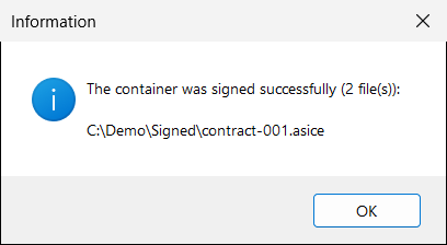Message: The container was signed successfully