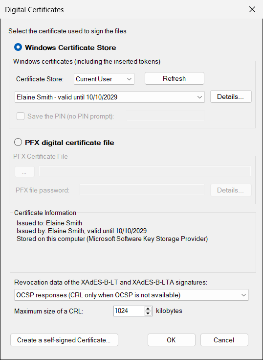 Digital Certificates window with a certificate of the Windows store selected