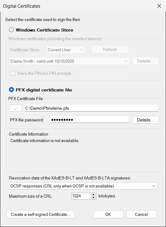 Digital Certificates window with a PFX file selected