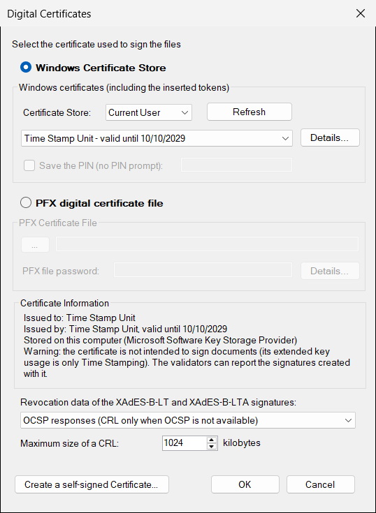 A certificate issued only for time stamping: the Certificate Information box shows the warning that it is not intended to sign documents