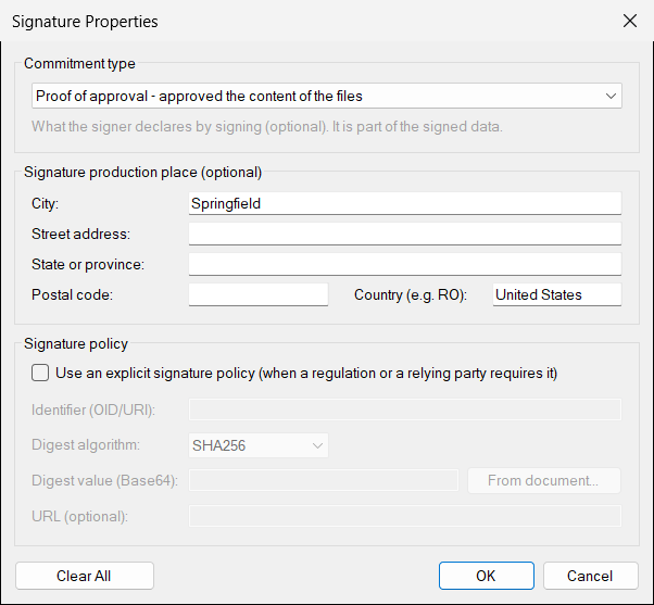 The Signature Properties window