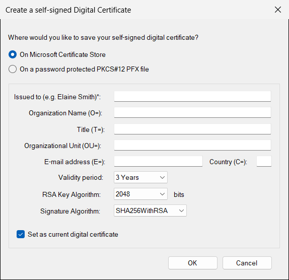 Create a self-signed Digital Certificate window