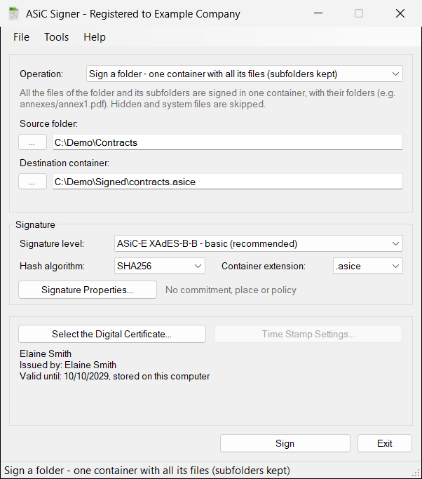 Main window with the operation Sign a folder