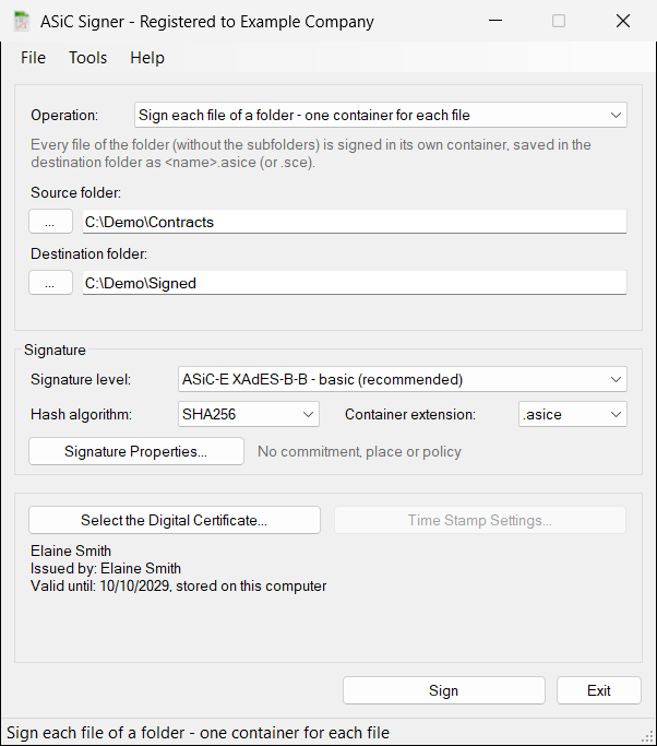 Main window with the operation Sign each file of a folder