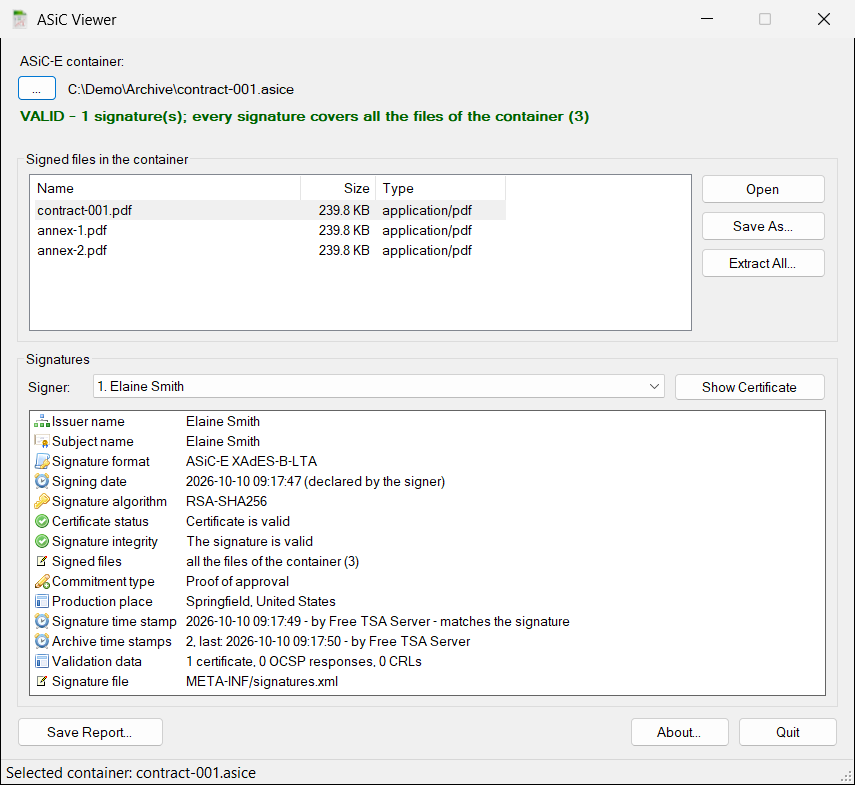 ASiC Viewer showing a valid XAdES-B-LTA container