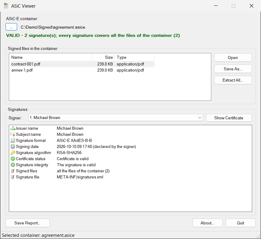 ASiC Viewer showing a container with two signatures