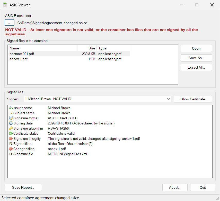 ASiC Viewer showing a container that was changed after signing