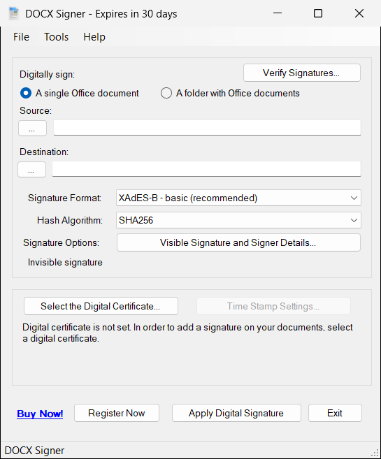 DOCX Signer main window at first start
