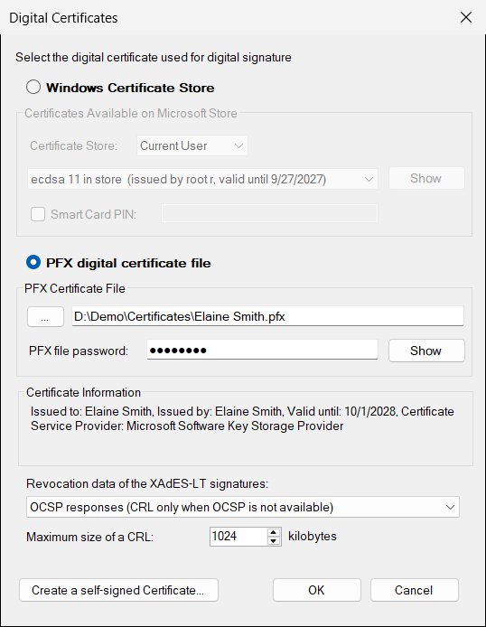 Digital Certificates window with the PFX option selected