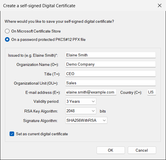 Create a self-signed Digital Certificate window