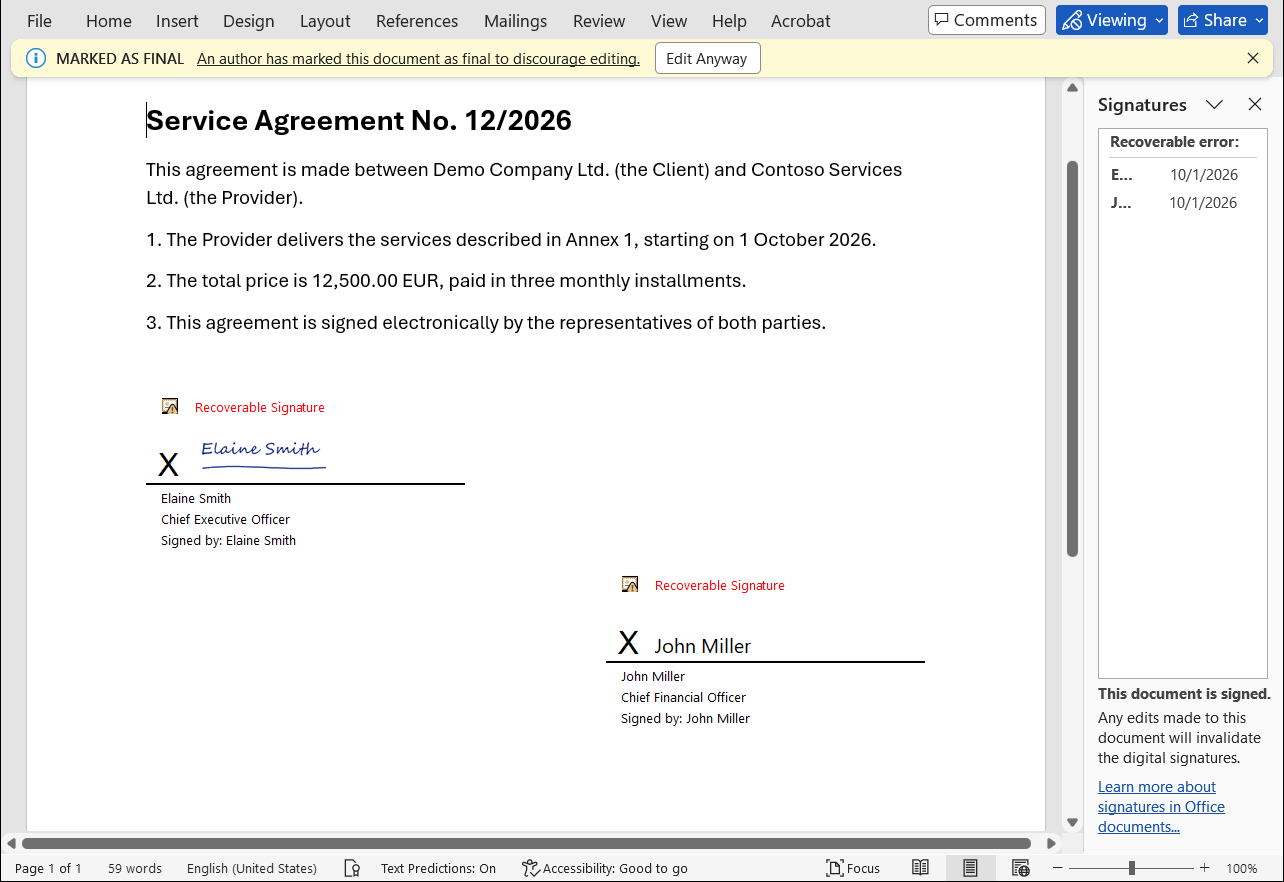 Word document with two signed signature lines and the Signatures pane