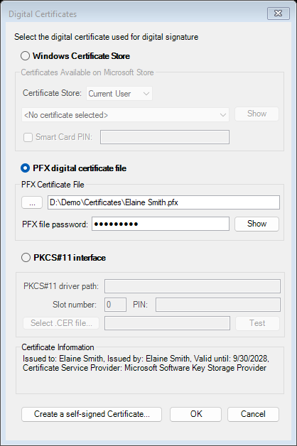 Digital Certificates window with the PFX option selected