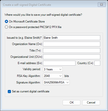 Create a self-signed Digital Certificate window