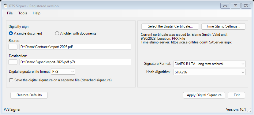 Main window with the CAdES-B-LTA format selected