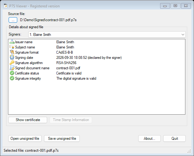 P7S Viewer showing a valid signature
