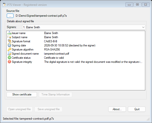 P7S Viewer showing an invalid signature