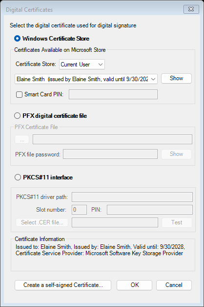 Certificate selected from the Windows Certificate Store