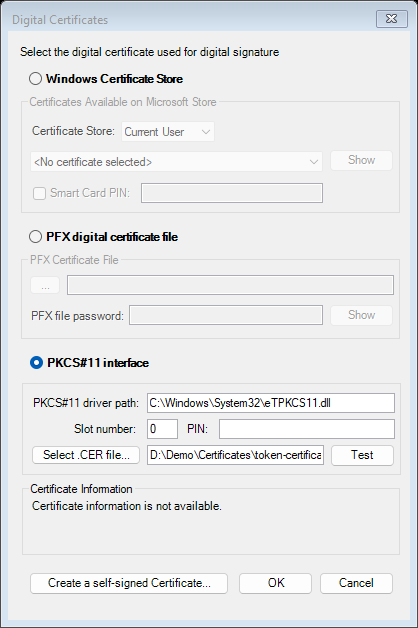 Digital Certificates window with the PKCS#11 option