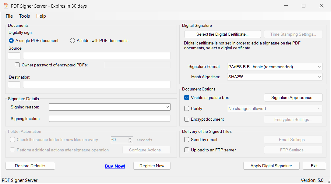 The trial version: the title shows the remaining days, and the Buy Now! and Register Now buttons are visible.