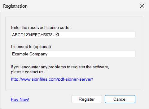 The Registration window. The code in this picture is only an example.