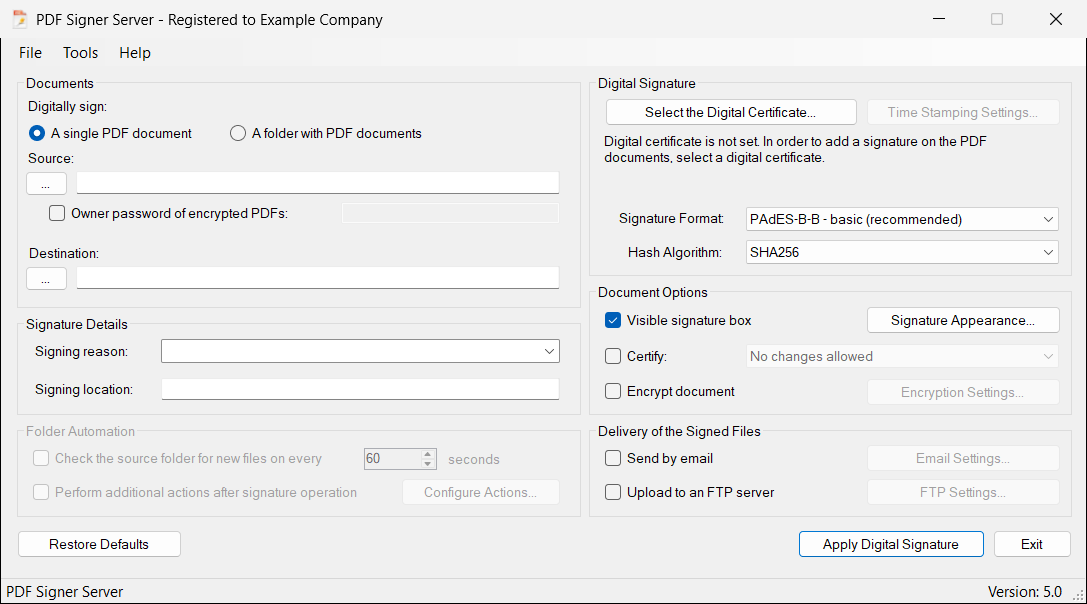 After the registration the title changes to Registered to and your name (or Registered version if you did not type a name), and the buy buttons disappear. No certificate is selected yet.