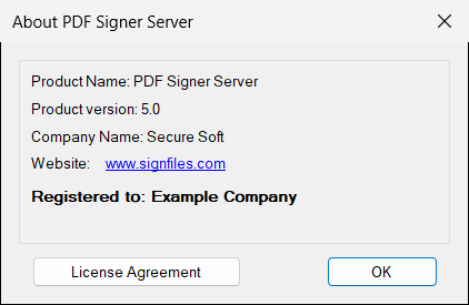 The About window: the version of the program, the registered name and the license agreement.