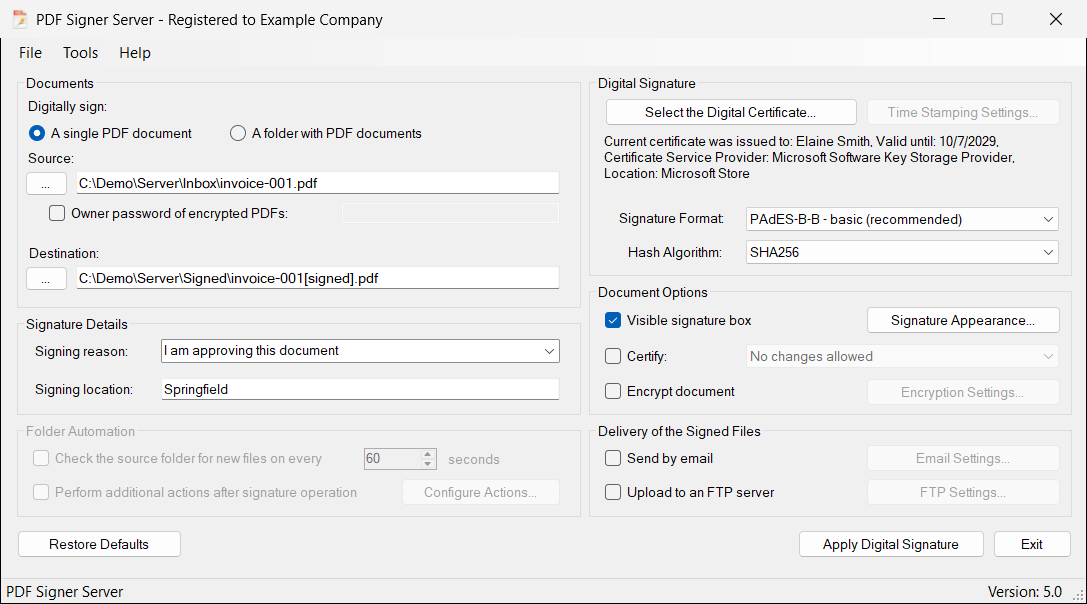Ready to sign: source, destination and certificate are set. The text under Select the Digital Certificate... shows which certificate will be used. Here the signing reason and the location were also filled in.