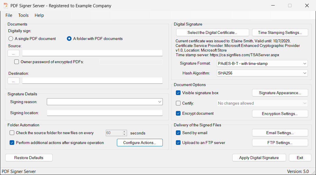 The main window in the folder mode, with all the optional parts switched on: encryption, e-mail delivery, FTP upload and additional actions.