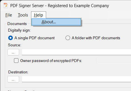 The Help menu of a registered program. While the program is not registered, Register Now... is in this menu too.