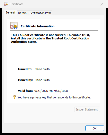 A certificate opened with Windows. The line at the bottom shows that the private key is available on this computer. The Show buttons of PDF Signer Server open this same window.