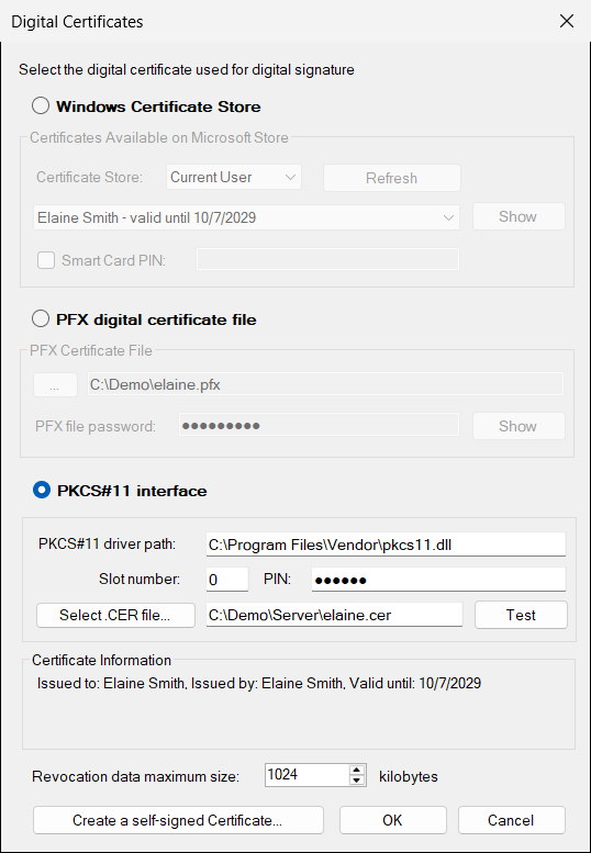The PKCS#11 interface group, filled in with example values. After the .CER file is selected, Certificate Information shows who the certificate was issued to.