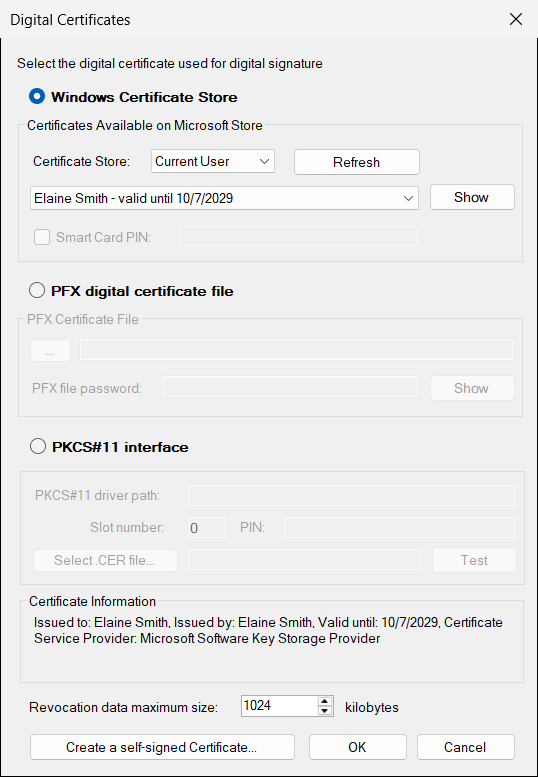The Digital Certificates window with a certificate of the Windows store selected. Refresh reads the list again, for example after you insert a token.